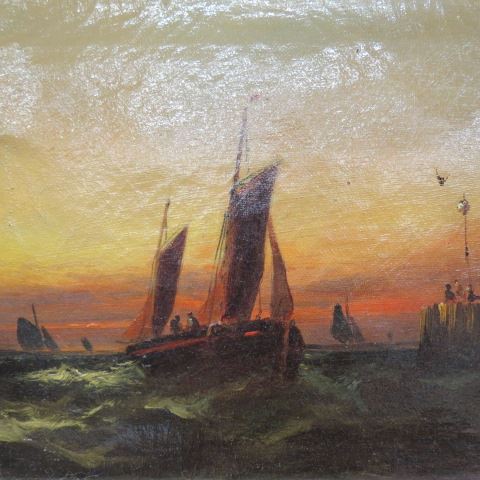 Appraisal: Antique Oil Painting of Ships at Sunset figures to the