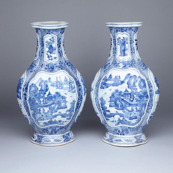 Appraisal: Pair of Large Blue and White Landscape Vases Kangxi Mark