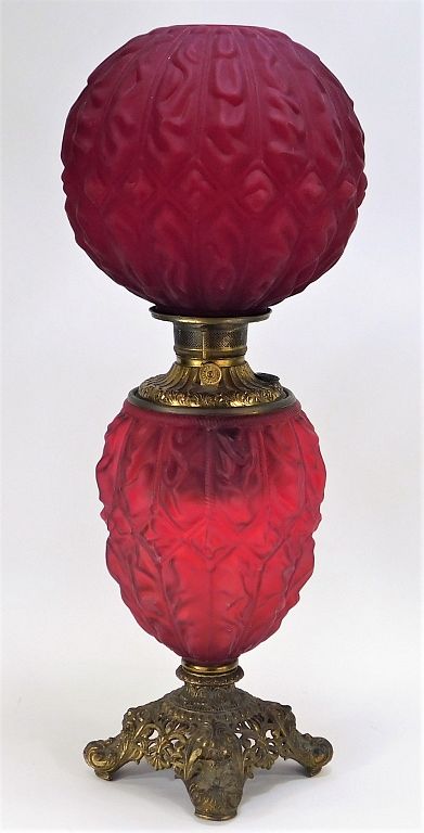 Appraisal: Gone With the Wind Cranberry Satin Glass Oil Lamp United