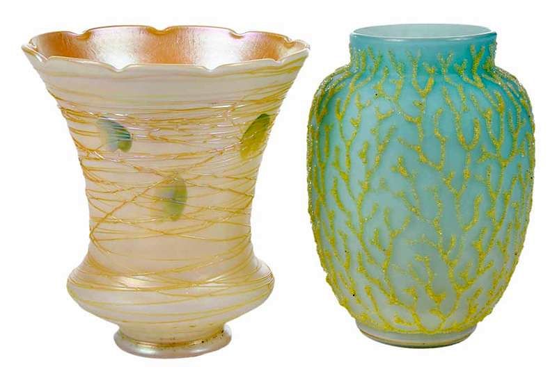 Appraisal: Two Glass Pieces Quezal Shade and Coraline Vase American th