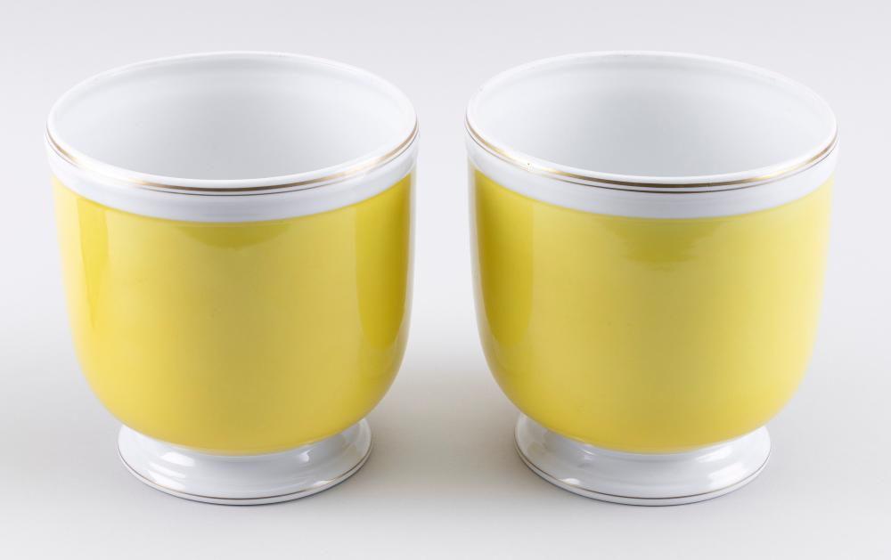 Appraisal: PAIR OF TIFFANY CO YELLOW POTTERY CACHEPOTS TH CENTURY HEIGHTS