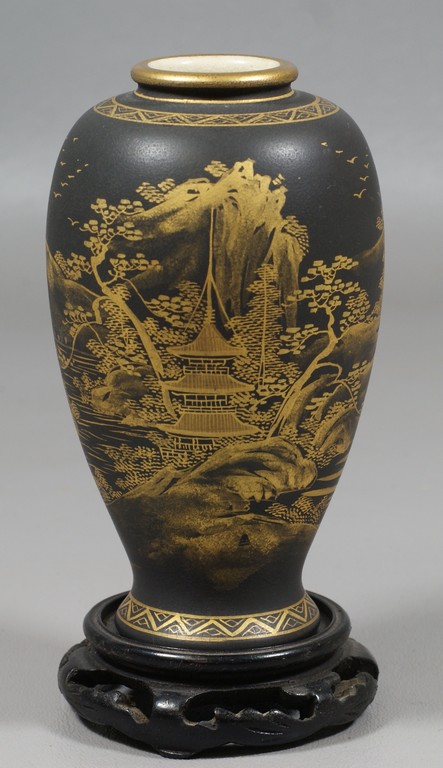 Appraisal: Japanese Satsuma vase on wood stand h gilt decoration on