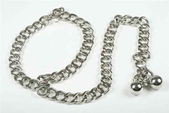 Appraisal: CHANEL SILVERTONE CHAIN LINK BELT s Draping two ball-form beads