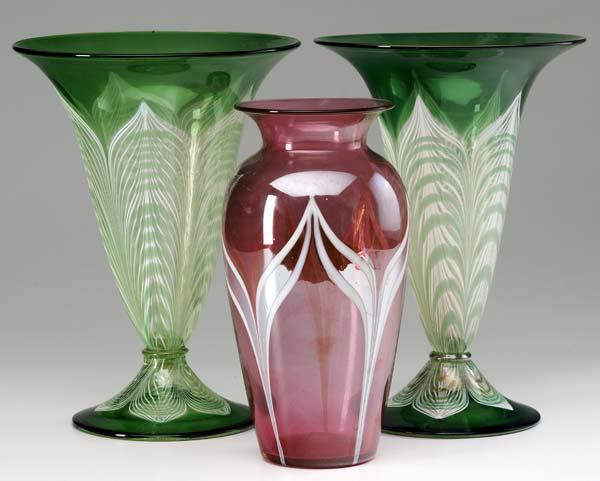 Appraisal: DURAND Three vases with ivory pulled feather designs on pink