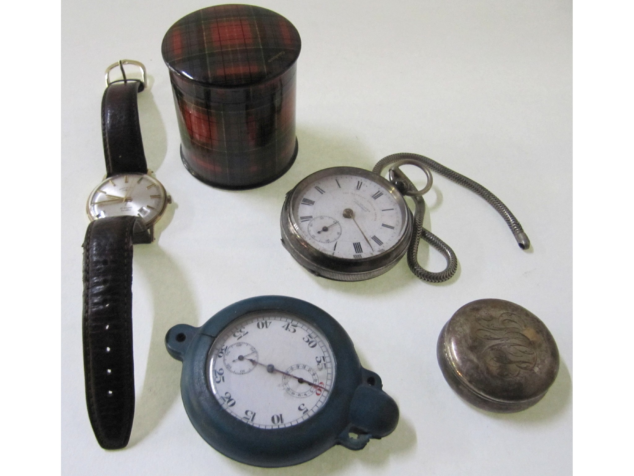 Appraisal: A lot comprising a tartanware box two pocket watches a