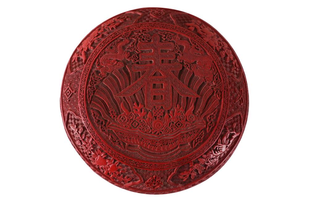 Appraisal: CHINESE RED-LACQUERED ROUND COVERED BOXsigned to underside Condition cracking and