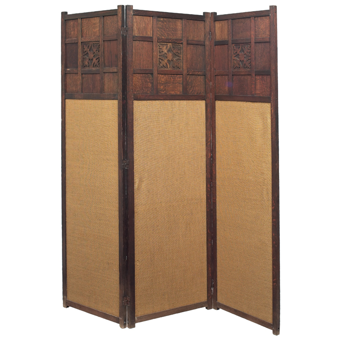 Appraisal: Arts and Crafts screen three panels with carved design over