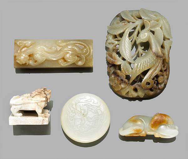 Appraisal: A group of five small jade and hardstone carvings The