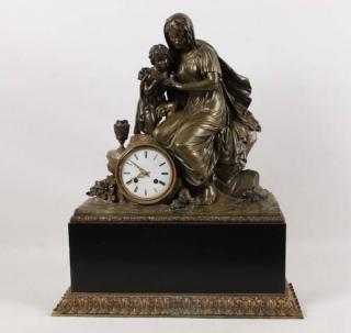 Appraisal: FRENCH CLASSICAL BRONZE AND MARBLE CLOCK DEPICTING A FINELY ROBED