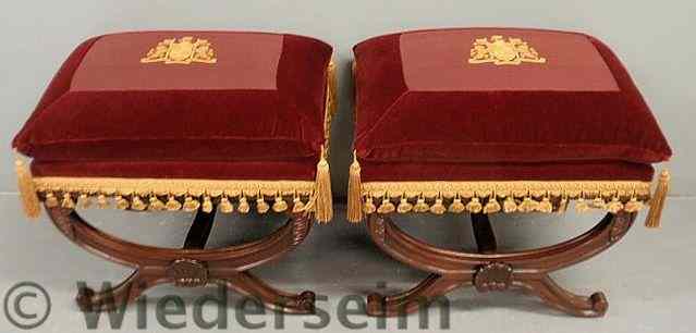 Appraisal: Pair of upholstered mahogany stools by Karges with embroidered armorial