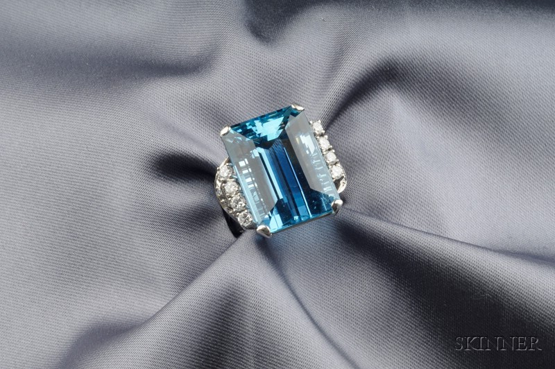 Appraisal: Platinum Aquamarine and Diamond Ring set with a fancy-cut aquamarine