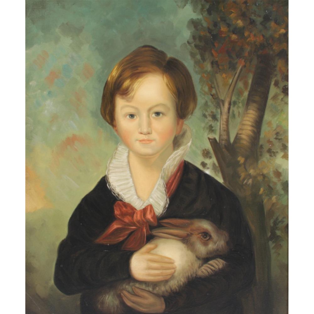 Appraisal: BOY WITH RABBIT COPY OF AN TH CENTURY CONTINENTAL PORTRAIT