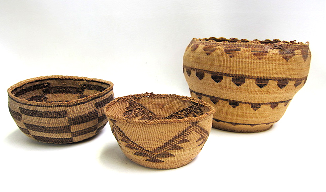 Appraisal: THREE KLAMATH NATIVE AMERICAN BASKETS the first tall by diameter