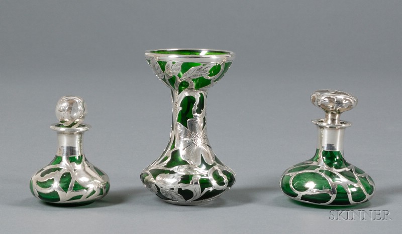 Appraisal: Two Silver Overlay Colognes and a Vase Green glass and