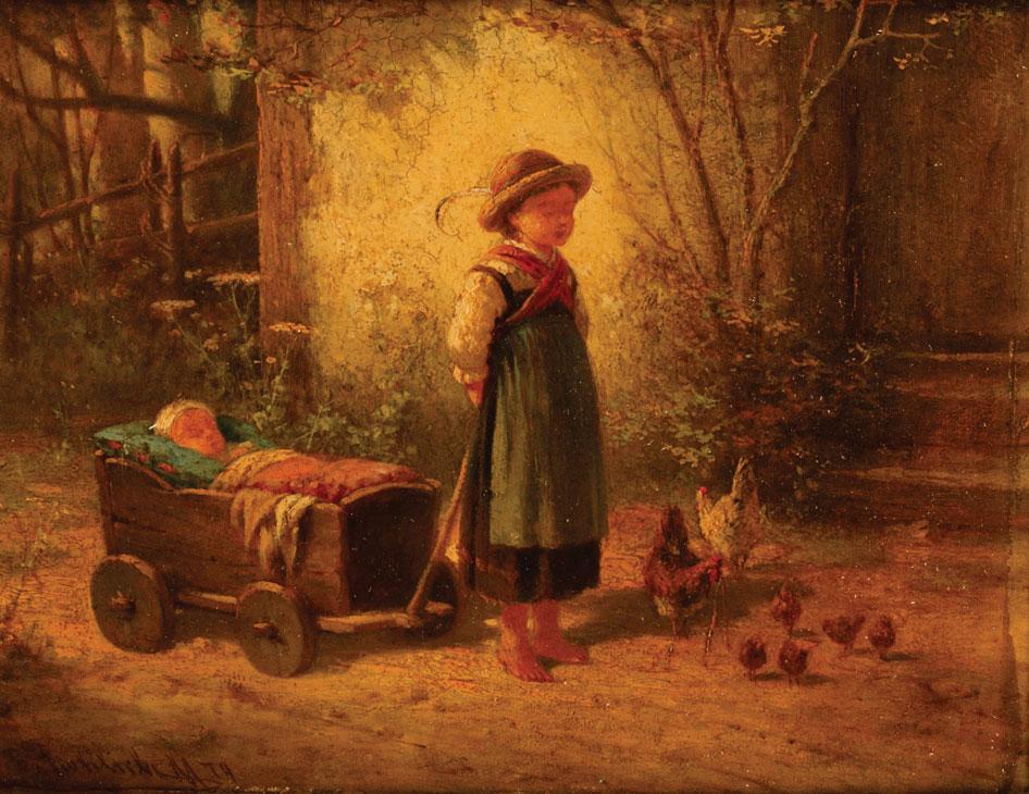 Appraisal: BERNHARD FROHLICH A child pulling a baby in a cart