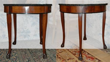 Appraisal: Pair of Neoclassical Style Marble Top Mahogany Tables Estimate nbsp