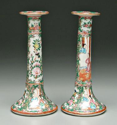 Appraisal: Pair famille rose candlesticks rose medallion stems with molded bands