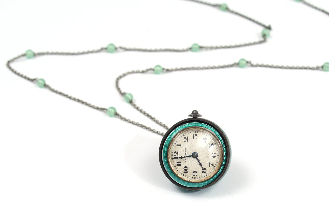 Appraisal: BUCHERER GREEN GUILLOCHE BALL PENDANT WATCH Green guilloche case with