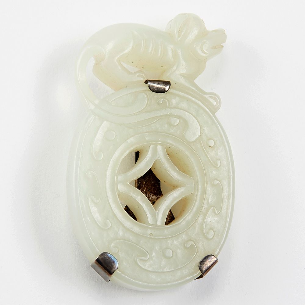 Appraisal: Chinese White Jade Dog Pendant Silver Pin A very fine