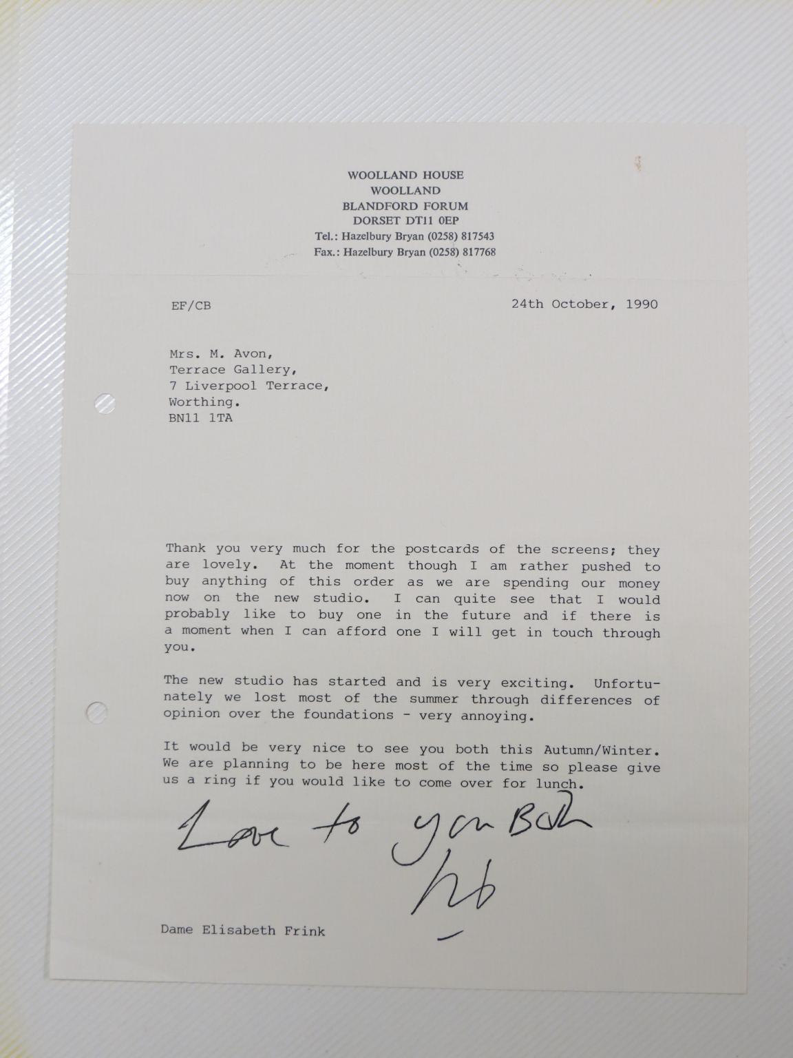 Appraisal: Dame Elisabeth Frink - type-written letter signed