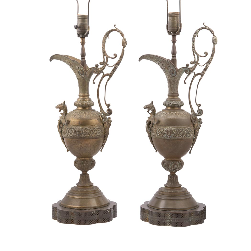 Appraisal: Pair of Renaissance Revival Style Gilt-Metal Ewers Each mounted as