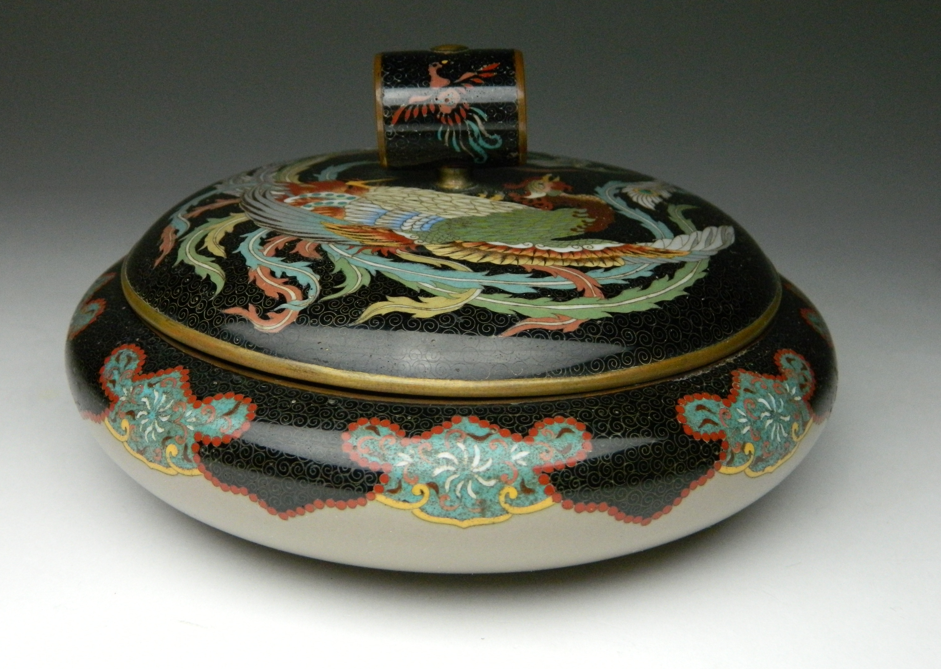 Appraisal: Japanese cloisonne circular box- with cover phoenix motif on black