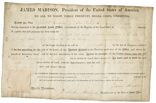 Appraisal: PRESIDENTS -- MADISON James Partly-printed vellum document signed as President