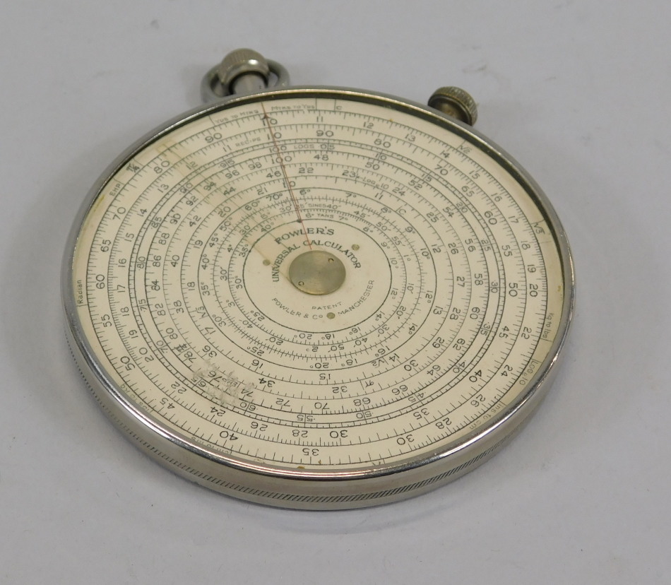 Appraisal: An early thC silver plated Fowlers Universal calculator cm diameter