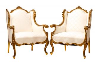 Appraisal: Pair Louis XV Style Giltwood Wingback Chairs Continental likely French