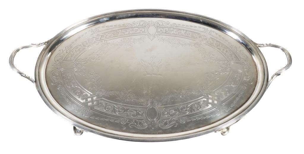 Appraisal: George III English sterling silver handled and footed tea tray