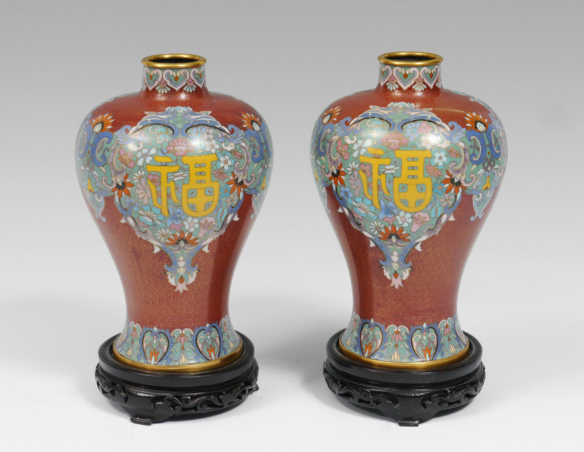 Appraisal: PAIR '' FLORAL DESIGN CHINESE CLOISONNE VASES Contemporary ox blood