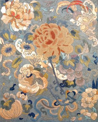 Appraisal: Nine Chinese embroidered panels variously decorated with flowers phoenix insects