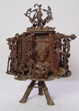 Appraisal: AFRICAN BENIN BRASS LIDDED FIRE POT SCULPTURE '' h ''