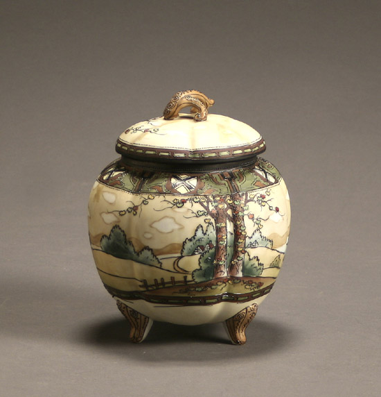 Appraisal: Nippon Woodland Scene Lobed Biscuit Jar Green Printed M in