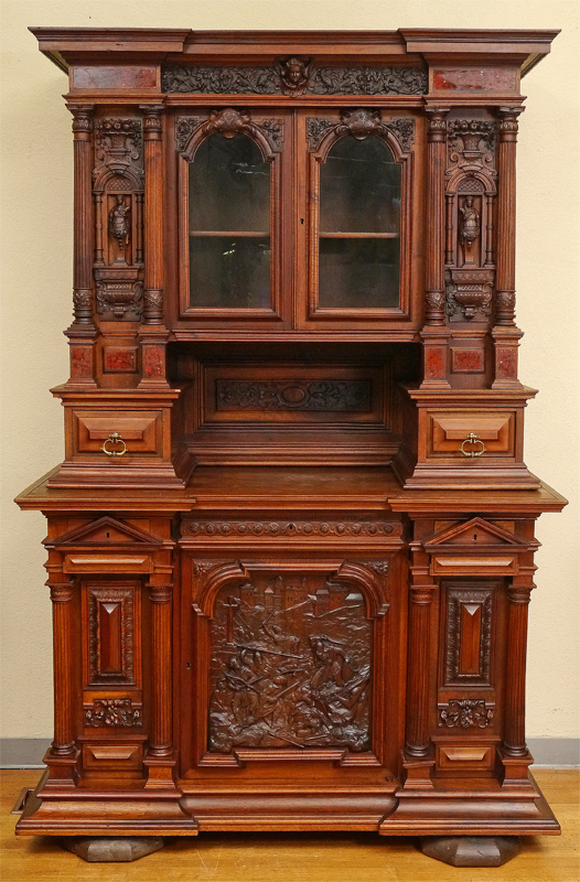 Appraisal: CARVED VICTORIAN COURT CUPBOARD Top profusely carved with cherub birds