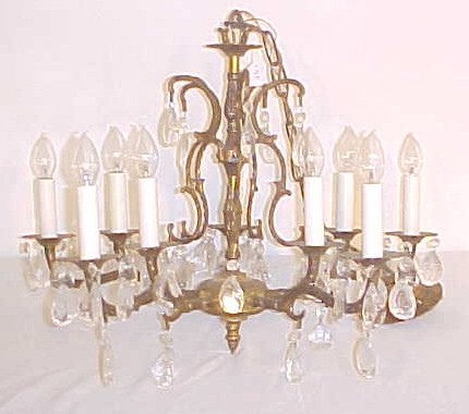 Appraisal: Antiqued brass chandelier five arm ten light tear drop prisms