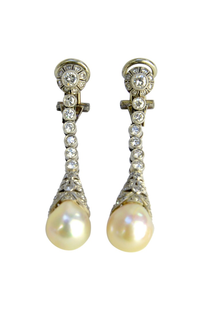 Appraisal: A pair of diamond and cultured pearl pendant earrings each