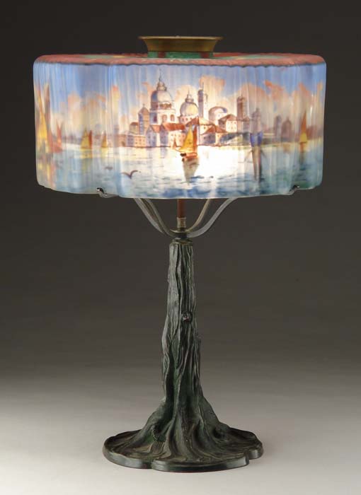 Appraisal: PAIRPOINT VENETIAN HARBOR LAMP Massive Chesterfield shaped lamp depicts a