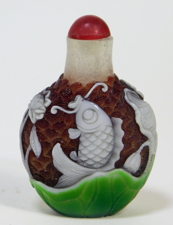 Appraisal: CHINESE CARVED PEKING GLASS KOI FISH SNUFF BOTTLE China th