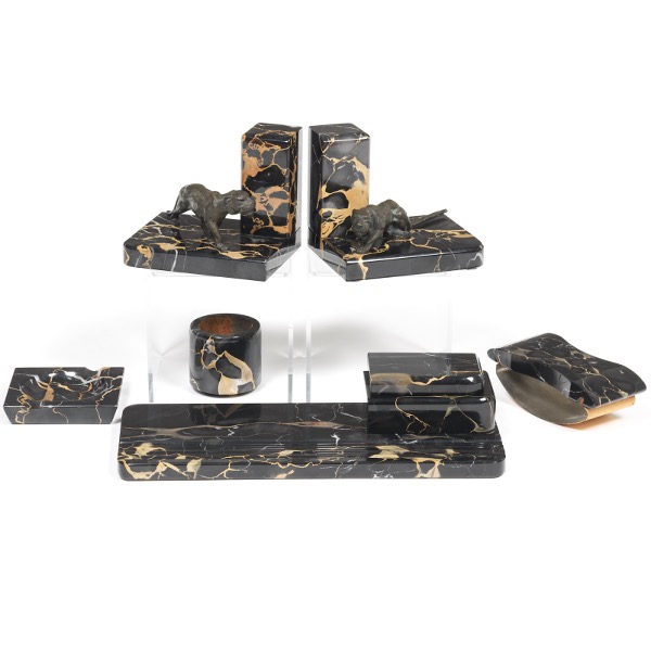 Appraisal: E G ZIMMERMANN BLACK ONYX AND BRONZE SIX-PIECE DESK SET