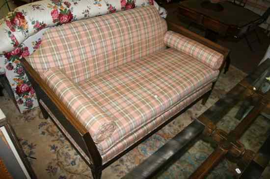 Appraisal: UPHOLSTERED PLAID LOVESEAT WITH CANED SIDE ARMS LOOSE SEAT CUSHION