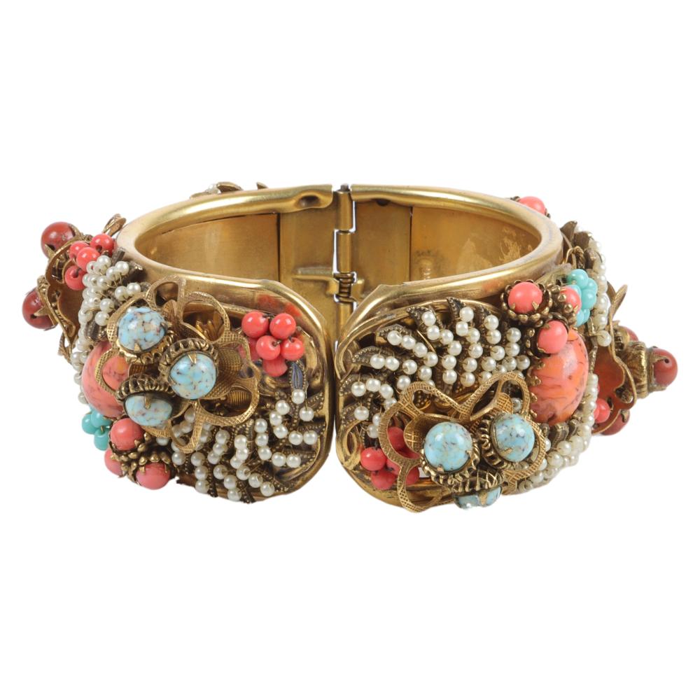 Appraisal: SANDOR JEWEL ENCRUSTED HINGE CUFF BRACELET WITH FAUX CORAL TURQUOISE