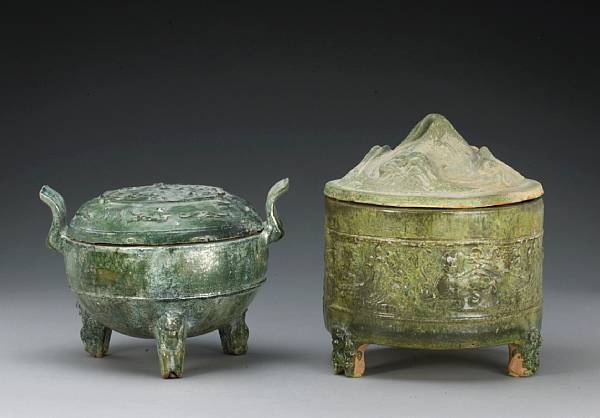 Appraisal: Two green-glazed pottery tripod vessels Han Dynasty The first a