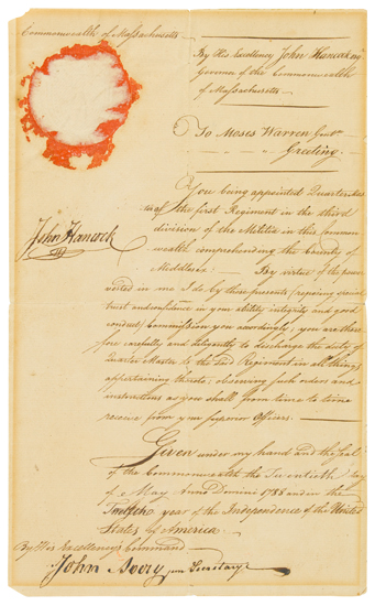 Appraisal: SIGNER AMERICAN REVOLUTION HANCOCK JOHN Document Signed as Governor of