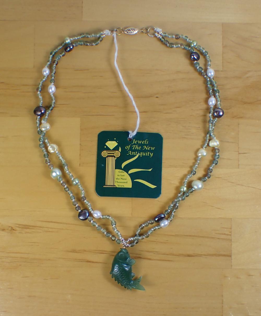 Appraisal: NEPHRITE JADE APATITE AND PEARL NECKLACE The double strand necklace