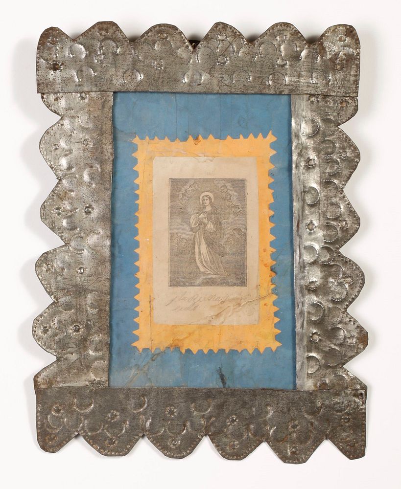 Appraisal: Two Tin Frames with Devotional Prints Attributed to Rio Arriba