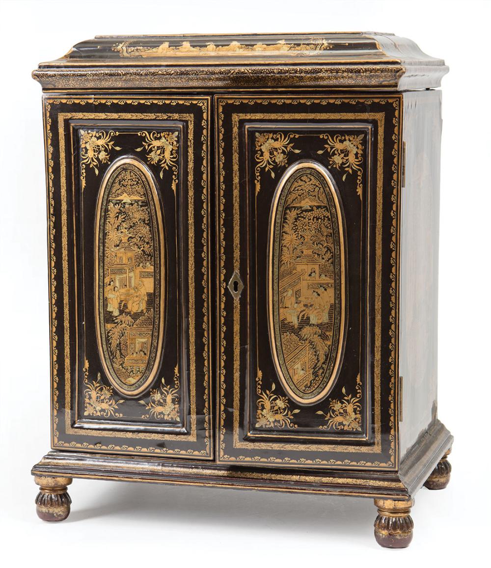 Appraisal: Chinese Export Gilt-Decorated Black Lacquer Table Cabinet Necessaire mid- th