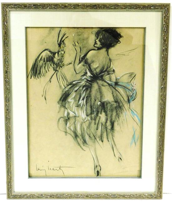 Appraisal: Louis Icart French - Girl with Bird chalk on paper