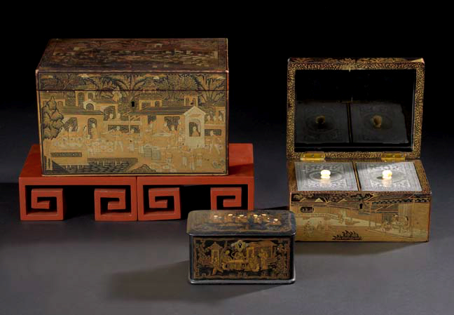 Appraisal: English Black-Lacquered and Parcel-Gilt Papier-Mache Table Box second quarter th