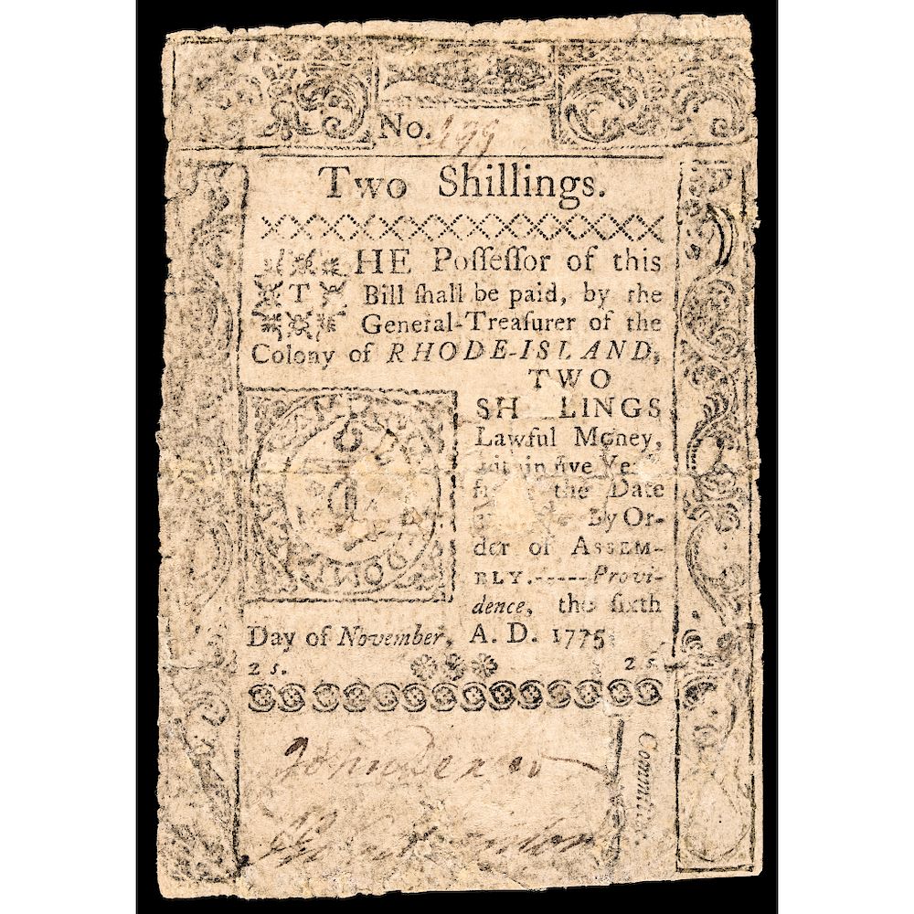 Appraisal: Colonial Currency Rhode Island Nov Shillings Revolutionary War Note Rhode